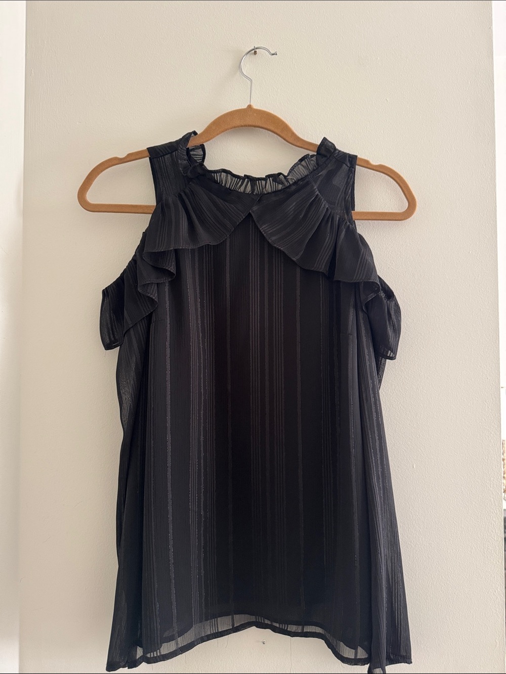NWT! Women's Black Ruffle-Trim Cold-Shoulder Blouse
